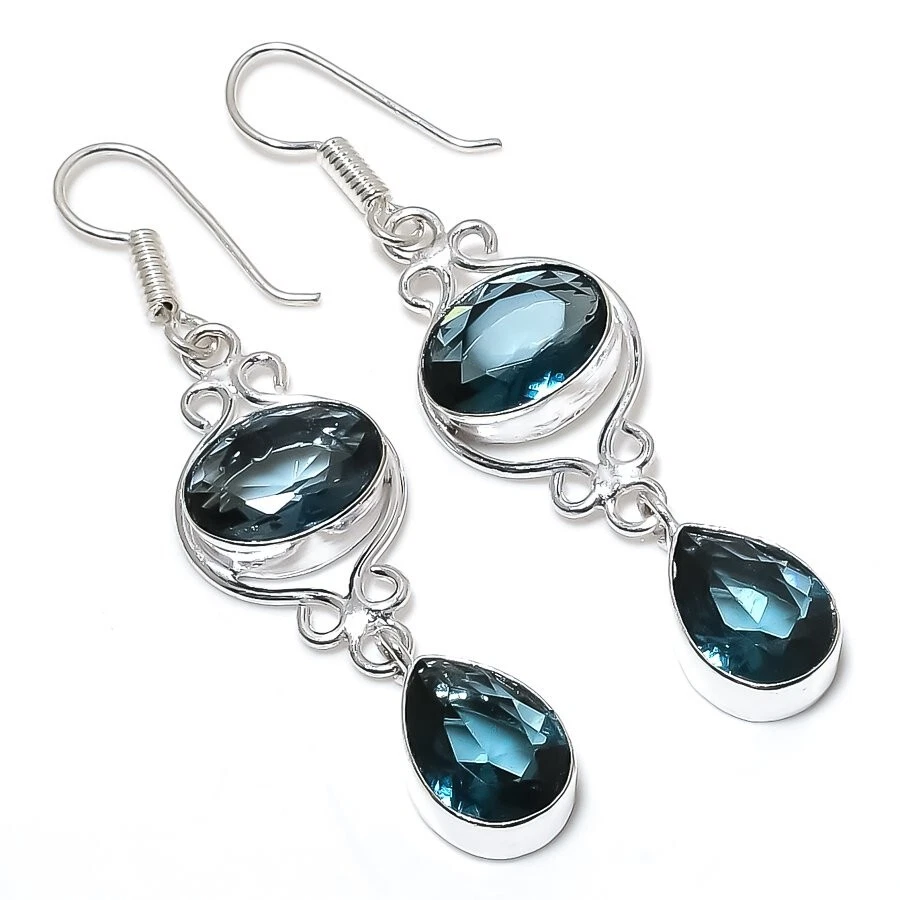 London Blue Topaz Gemstone 925 Sterling Silver Handmade Jewelry Earring Sz 2.7'' - Image 1 of 1