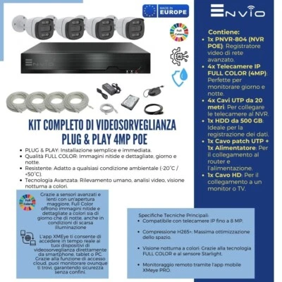 Kit Videosorveglianza IP Completo con NVR PoE, 4 Telecamere 4MP Full Color e HDD - Immagine 1 di 4