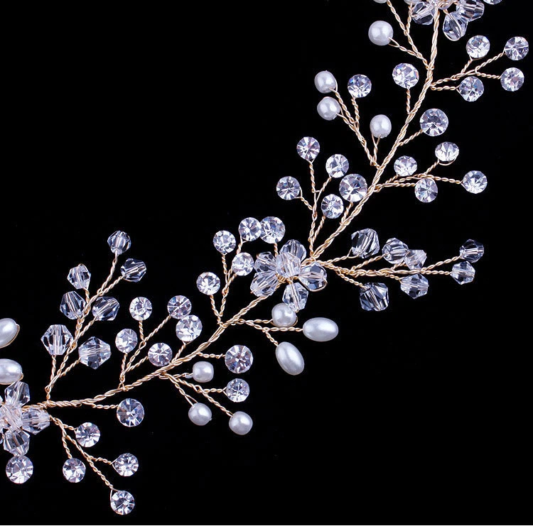 Handgefertigtes Braut-Stirnband Mit Kristallperlen & Silbernen Blättern – Flexibler Haarschmuck Für Hochzeit & Festliche Anlässe, 17 Cm