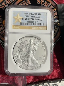 2014 W PROOF SILVER EAGLE NGC PF70 ULTRA CAMEO FIRST RELEASES GOLD STAR LABEL - Picture 1 of 3