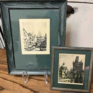 2 quadri antichi cattedrale incorniciati Europa verde opaco 1900 reggenza Notre Dame - Foto 1 di 11