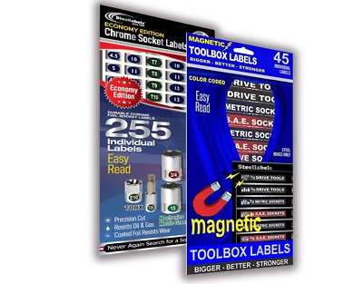 STEELLABELS Magnetic Toolbox Labels + Socket Label Combo for Tool Organization Color Coded