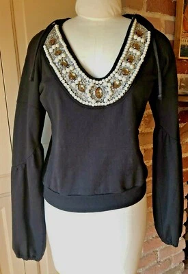 Twisted Heart Black Scoop Neck Hoodie Pearl Jewels Long Sleeve Sz S - Image 1 of 4