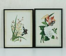 Pair antique Chinese pith rice paper paintings of butterflies & flowers 19th C.