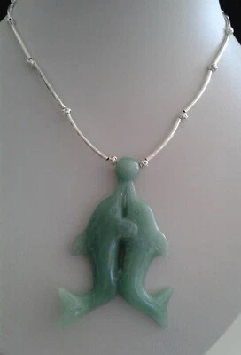  Schmuck Halskette in silber mit Anhänger Delfin Paar mit Ball a.Aventurin 50 cm - Bild 1 von 4