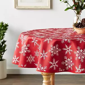 Decorative Christmas Snowflakes Design Red Tablecloths - 60" Round - Picture 1 of 6