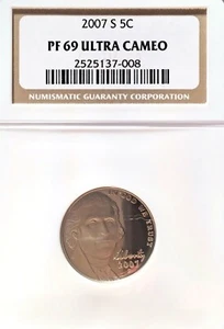 2007-S JEFFERSON NICKEL GRADED PF 69 ULTRA CAMEO BY NGC - Picture 1 of 2