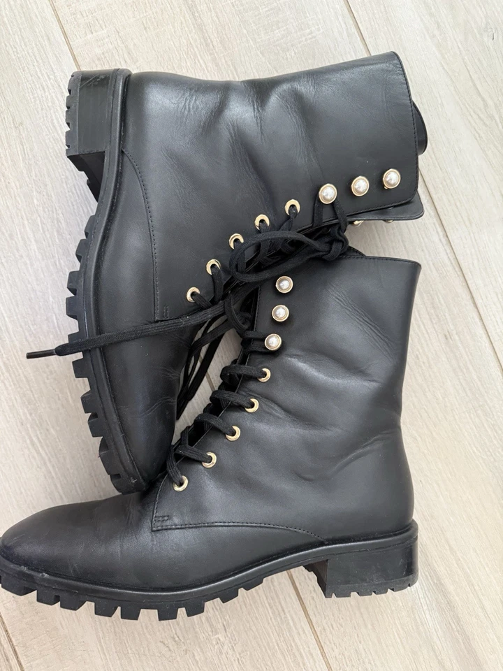 Stuart Weitzman женщина лодыжки черный кожаный боя ботинки с жемчугом 7.5B - Изображение 1 из 4