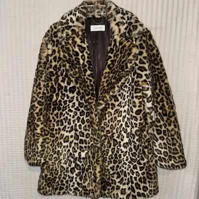 Calvin Klein Leopard Faux Fur Coat Womens L Glamorous Animal Print Jacket Lined - Image 1 of 4