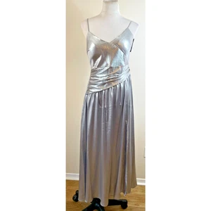 Alexa B Nites Maxi Ballkleid Kleid Größe 6 Silber Metallic Spaghettiträger Neu mit Etikett - Bild 1 von 7