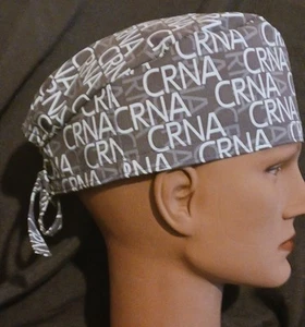 CRNA Men's Scrub Cap, Adjustable with Elastic & Ties.  Forest Green, Blue Letter - Picture 1 of 3