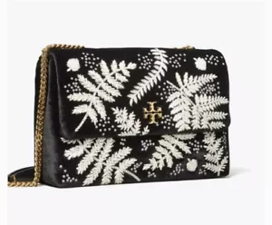 NWT Tory Burch Kira Convertible Embroidered velvet Shoulder Bag Black/white/gold - Picture 1 of 15