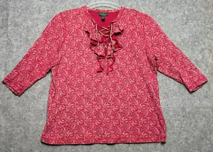Lauren Ralph Lauren Shirt Womens 1X Red Floral Ruffles Lace Up Boho Fun Casual - Picture 1 of 15