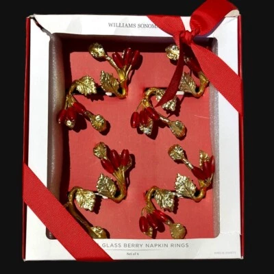 JUEGO DE 4 SERVILLETEROS WILLIAMS SONOMA NAVIDAD ORO Y VIDRIO BAYAS NUEVOS CON ETIQUETAS Foto 1 de 4