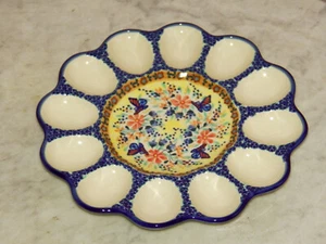 Polish Pottery Egg Plate! UNIKAT Signature Butterfly Summer Pattern! - Picture 1 of 2