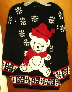 SANTA BEAR teddy glitter Christmas crewneck lrg kitschy sweater snowflake 1980s - Picture 1 of 1