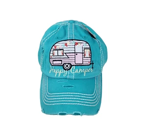 "HAPPY CAMPER" Embroidered, Vintage Style Ball Cap with Washed-look Green New - Picture 1 of 5