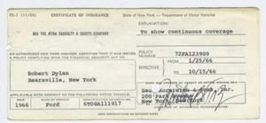 Bob DYLAN: Certificate of Insurance for his Mustang Convertible - Picture 1 of 2