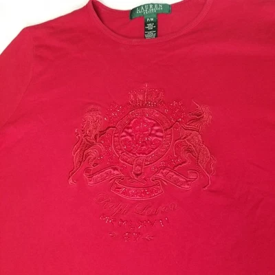LRL Ralph Lauren Rojo Bordado Cuentas Cresta Logo Top Pequeño Mediano Dinero Antiguo Foto 1 de 4
