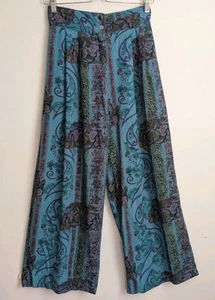 90s Y2K Wide Leg High Rise Pants Blue Batik Rayon Boho Artsy Hippie Crop Beach S - Picture 1 of 10