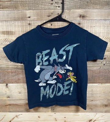 Tom & Jerry Beast Mode Boys XS (4/5) Blue Shirt Cat Mice Cotton Short Sleeve Top - Image 1 of 4
