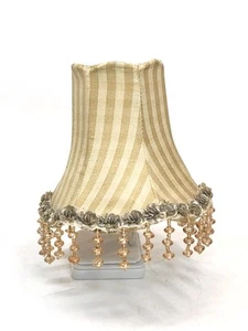 Small Tapestry Striped Lamp Shade Beaded Fringe Trim Bell Shape Tan Gold Taupe - Picture 1 of 8