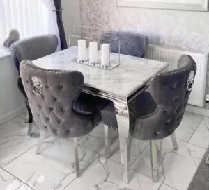 120cm marble dining table + 4 Button back lion knocker chairs - Picture 1 of 1