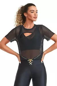 Top brasiliano Activewear fitness palestra maniche corte in rete nero taglia S M L 031 - Foto 1 di 4