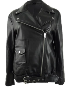 Bar III Women's Black Faux-Leather Moto Jacket Belted Women's Size XL - Picture 1 of 6