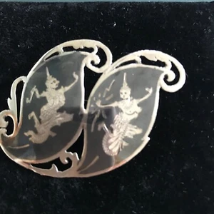 SIAM BLACK VINTAGE STERLING SILVER LEAF PENDANT OR BROOCH NIELLO - Picture 1 of 3