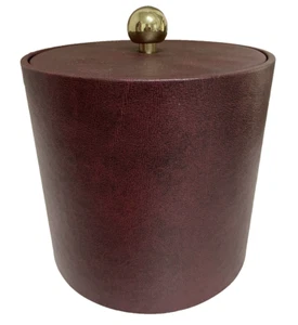 Vintage Erwyn Burgundy Leatherette Ice Bucket Brass Knob - Picture 1 of 6