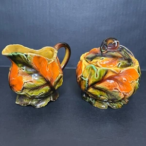 Juego Vintage Crema y Azúcar Naranja Marrón Cerámica Cerámica Hojas de Otoño Decoración Japón - Imagen 1 de 8