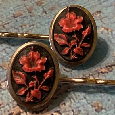 Red Lilly Cameo Oval Bobby Pin Hair Pin Asian Islander Victorian Flower - Image 1 of 4