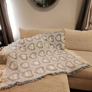 Vintage Handmade Crochet Afghan Blanket Quilt Throw White/Blue Hearts 46”x 53” - Picture 1 of 4