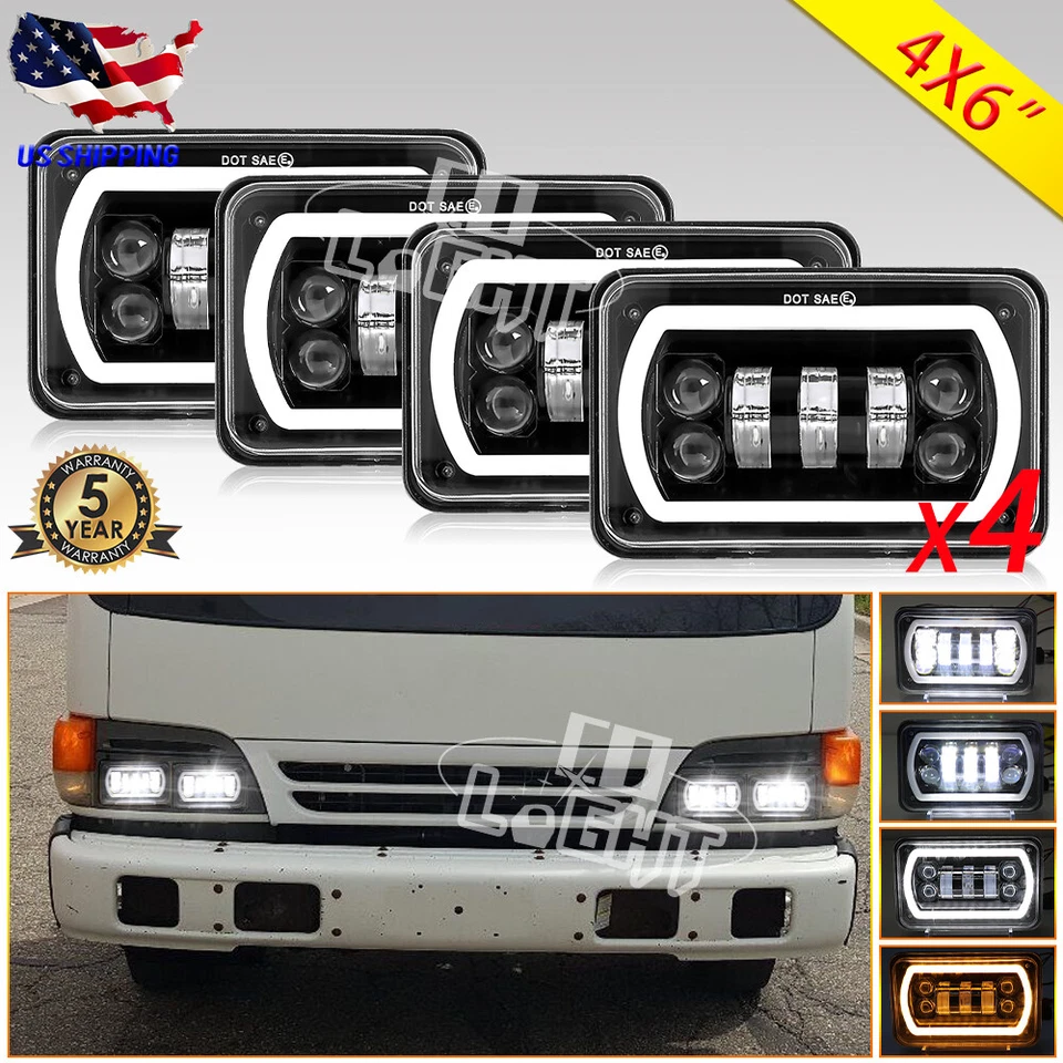 4x For GMC W3500 W4500 W5500 Forward 4x6" inch LED Headlights Hi/Lo Beam DOT DRL - Image 1 of 4
