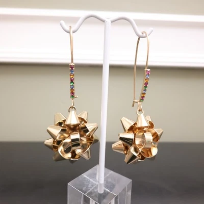 Betsey Johnson earrings holiday bows multicolor crystals signed goldtone hooks - Image 1 of 4