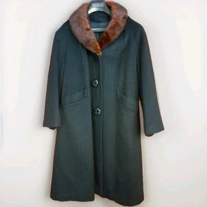 Vintage Winter Coat 1960s Black Brown Fur Collar Small to Medium 36" Bust - Picture 1 of 12