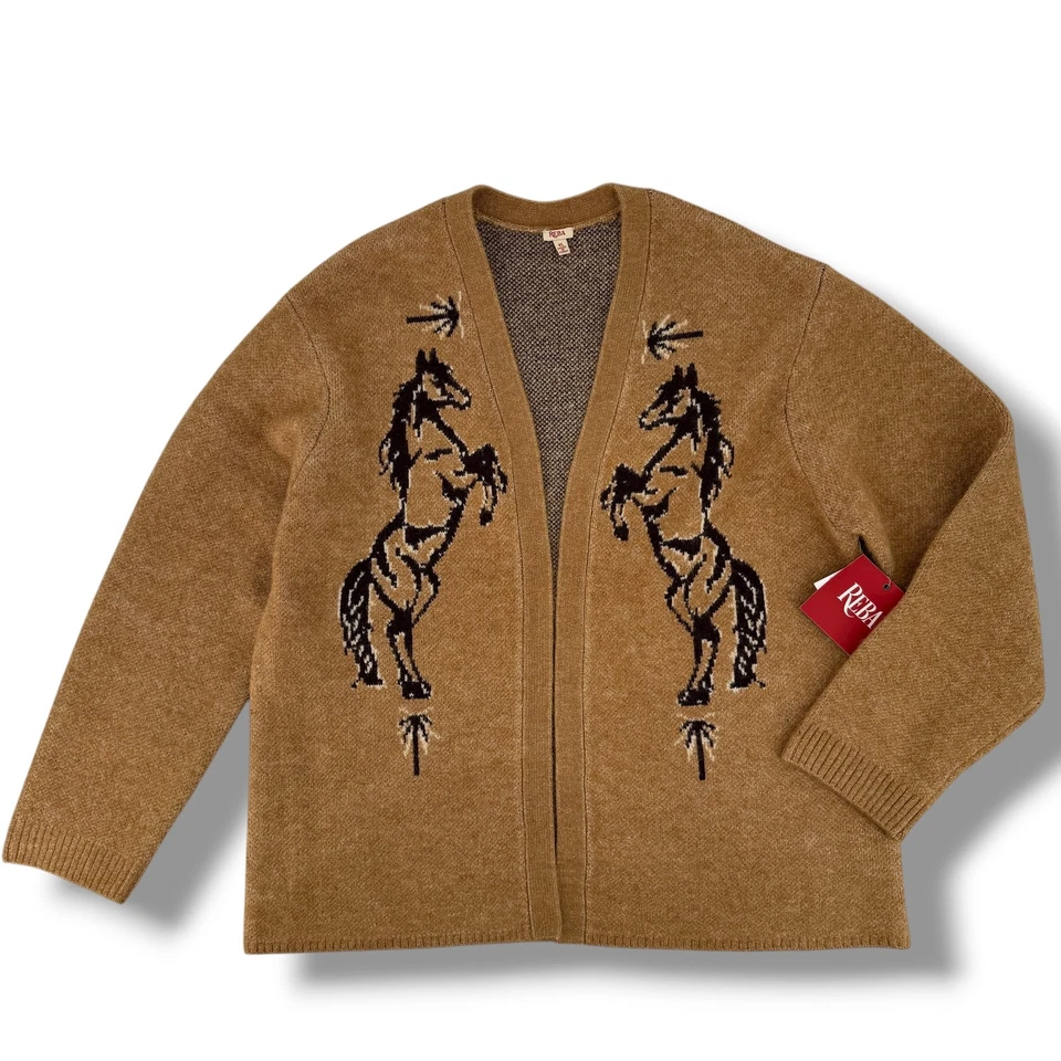 Reba Equestrian Horse Knit Cardigan Sweater Women’s Sz XL Tan Western Ranchwear - Image 1 of 4