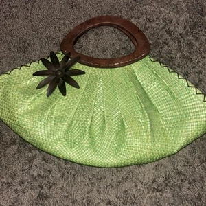 Green Woven STRAW Wooden Handle Basket Purse Bag Women's Vintage - Picture 1 of 8