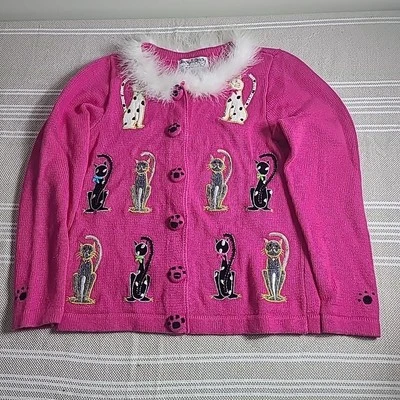 Jack B. Suéter Difuso Quick Whimsical Rosa Gatos Talla PP Foto 1 de 4