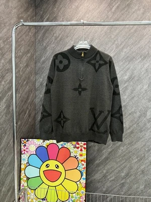 灰色拉链宽松印花立领羊毛针织毛衣 — 第 1/4 张图片