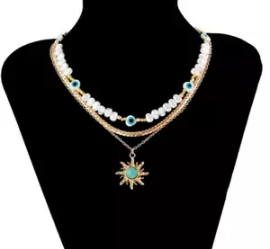 Zara 18K Gold plated new 3 layer turquoise sun pearl evil eye necklace pendant - Picture 1 of 7