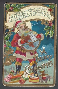 1908 PPC* Xmas Greetings W/Santa Holding Globe & Toys Embossed Posted - Picture 1 of 1