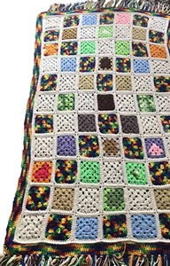 Vtg Rainbow Granny Square Blanket Throw 58"L x 38"W Multi-colored white fringed - Picture 1 of 23