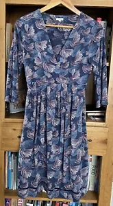 White Stuff Dress UK 16 Blue/Purple Bird Pattern 100% Cotton A-Line 3/4 Sleeve - Picture 1 of 12