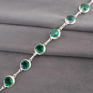 Green Emerald Sterling Silver Unique Chain May Birth Bezel Set Wedding Bracelet - Picture 1 of 8