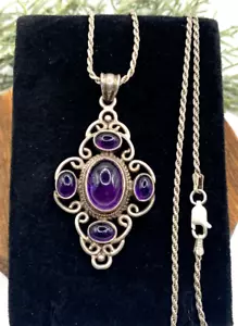 Antique, deep rich, amethyst cabochon filigree pendant necklace - 18" - 16.67g - Picture 1 of 12