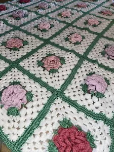 Granny Square Shabby Chic Crochet Throw Afghan Quilt 3D Rose 50” By 60” Retro - Picture 1 of 8