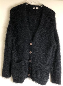 Moth Anthropologie Sz Medium Button V-Neck Cardigan Sweater Black Furry Knit - Picture 1 of 9