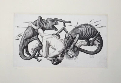 RADIERUNG BOGENSCHÜTZE PFEILE ECHSEN RICHARD MÜLLER DRESDEN SIGNIERTDATIERT 1918 - Bild 1 von 4